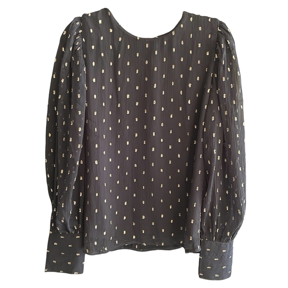 Ann Taylor Black Double Lined Long Sleeve Blouse w/Gold Metallic Dot Accents‎ L